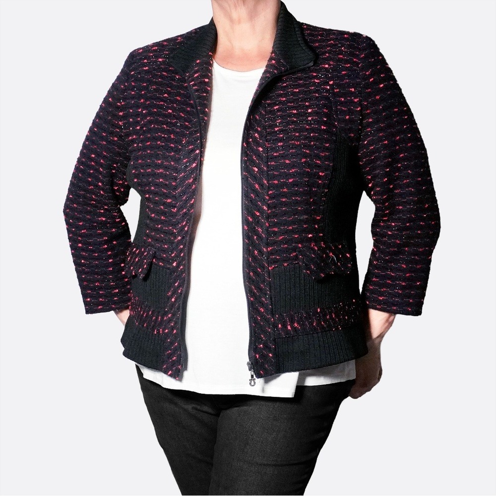 Miss Lotte Red Black Metallic Knit Zip Jacket Plus 0X Large Quiet Luxury K-Style
